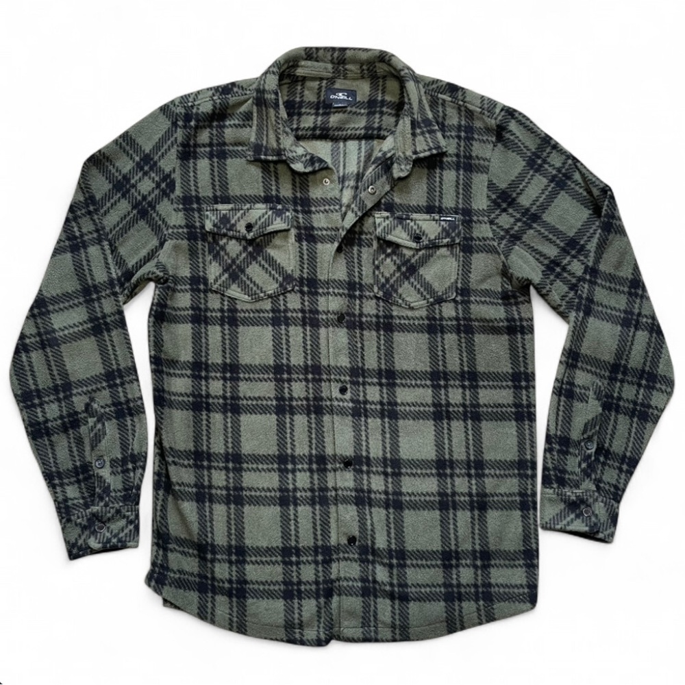O’Neil Men’s Green and Black Button-Down Fleece Shirt Shacket Size Large